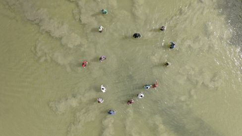 Aerial view of several people standing in water arranged in a loose circle