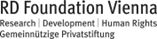 Schwarz-weißer Schriftzug "RD Foundation Vienna" über einer Zeile mit den Worten "Research | Development | Human Rights" und darunter "Gemeinnützige Privatstiftung".