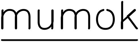 Black-and-white lettering 'mumok' with a horizontal line underneath
