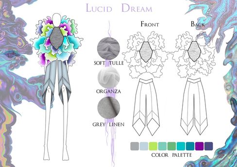 Fashion design sketch of an outfit with an asymmetrical top made of soft tulle, organza, and grey linen, paired with long pants featuring geometric patterns, front and back line drawings, color palette including greys, greens, blues, and violet.