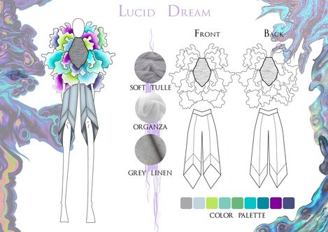 Fashion design sketch of an outfit with an asymmetrical top made of soft tulle, organza, and grey linen, paired with long pants featuring geometric patterns, front and back line drawings, color palette including greys, greens, blues, and violet.