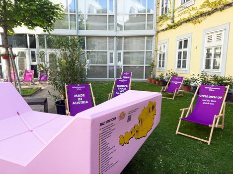 Close-up of a pink Enzi with a Möbelmuseum Wien “Design & History Vienna 2026” sticker.
