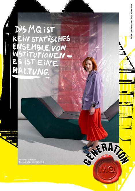 Woman wearing a red skirt and purple jacket standing by a modern geometric bench in front of a red and white wall with the text 'DAS MQ IST KEIN STATISCHES ENSEMBLE VON INSTITUTIONEN ES IST EINE HALTUNG'