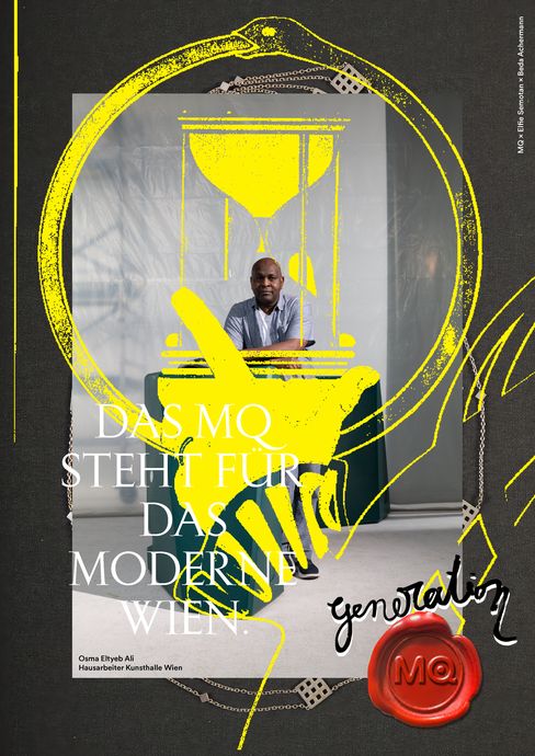 Portrait of a person in front of a wall with a yellow hourglass and snake motif and the text 'DAS MQ STEHT FÜR DAS MODERNE WIEN'