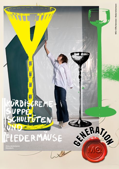 Woman in white shirt and dark pants stands between three oversized stylized goblets in yellow, black, and green against gray background with white text 'Kürbiscremesuppe, Schultüten und Fledermäuse' and red wax seal labeled 'Generation MQ'