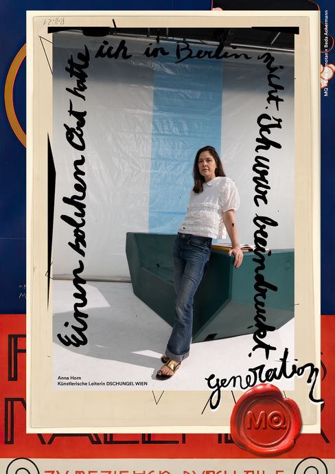Woman leaning against green cube in front of blue-and-white striped background framed by handwritten text and red wax seal with MQ logo