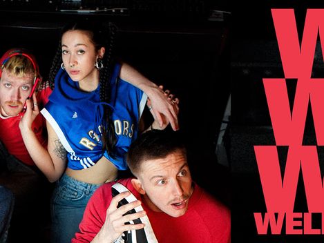 Five young people in casual clothing sitting and leaning relaxed against a dark background next to large red text reading 'Well Well Well WELLBEHAVED'