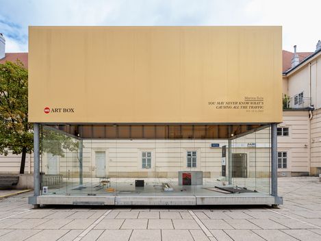 MQ Art Box in MuseumsQuartier Vienna featuring the installation “You May Never Know What’s Causing All the Traffic” by Marina Sula.