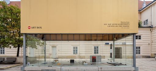 MQ Art Box in MuseumsQuartier Vienna featuring the installation “You May Never Know What’s Causing All the Traffic” by Marina Sula.