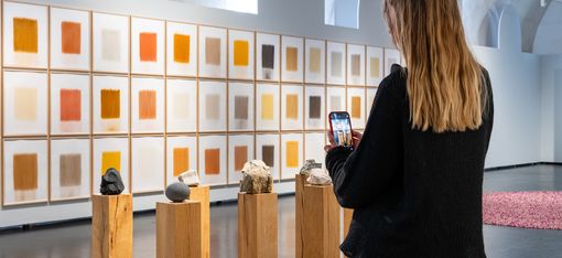 Besucherin fotografiert eine Kunstinstallation mit Farbtafeln und Naturmaterialien in einer Ausstellung im MQ Freiraum Wien.