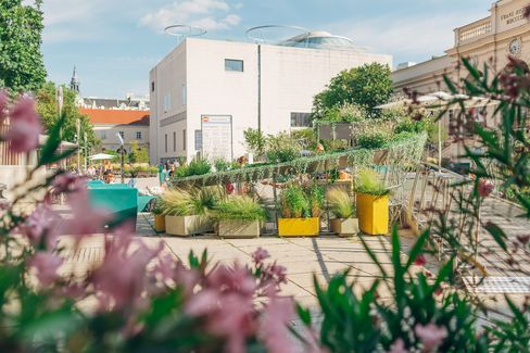 Blick auf das Leopold Museum mit der MQ Sommerbühne davor, umgeben von Pflanzen und Sitzgelegenheiten im MuseumsQuartier Wien