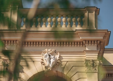 Architekturdetail mit Balustrade und Wappen an einem Gebäude im MuseumsQuartier, teilweise von Pflanzenzweigen verdeckt