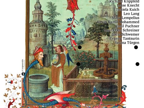 Historisches Gemälde mit Brunnen, Figuren in mittelalterlicher Kleidung und einem Kirchturm im Hintergrund, umrahmt von dekorativen floralen Elementen und Texten zu einer Ausstellung.