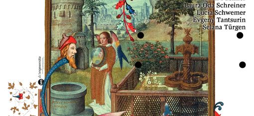 Historical painting showing a fountain, figures in medieval clothing, and a church tower in the background, framed by decorative floral elements and exhibition text.