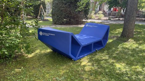 Blaue Enzos mit Branding der Medizinischen Universität Wien stehen auf einer Wiese zwischen Bäumen auf dem Campusgelände.