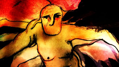 Large abstract human figure with outstretched arms against a red and black background.