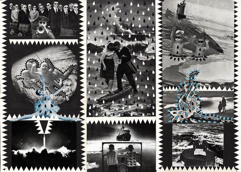 Collage of black-and-white photographs featuring people, a submarine, a ship, droplet patterns, and abstract shapes framed by jagged edges.