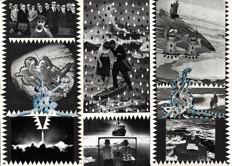 Collage of black-and-white photographs featuring people, a submarine, a ship, droplet patterns, and abstract shapes framed by jagged edges.