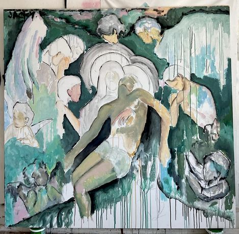 Painting showing multiple abstract figures including a central reclining figure in underwear surrounded by other figures with suggested faces and bodies against a green background.