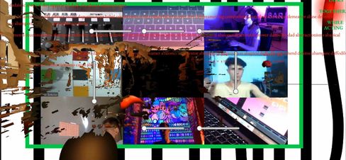 Collage of multiple screens, keyboards, and a shirtless person surrounded by colorful and black graphic elements.