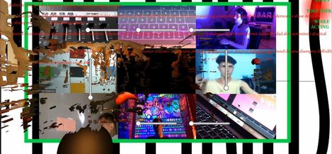 Collage of multiple screens, keyboards, and a shirtless person surrounded by colorful and black graphic elements.