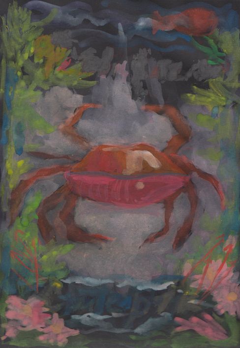 Red crab with outstretched claws against a dark, misty background with green and pink plants at the edges.