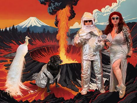 Two people and a dog wearing silver space suits standing in front of a mural depicting a volcano with red sky, mountains, and a white peacock.