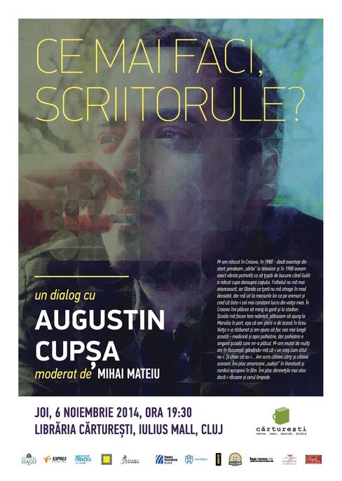 Poster with yellow and white text on a blurred colorful background with a text block at the bottom right.