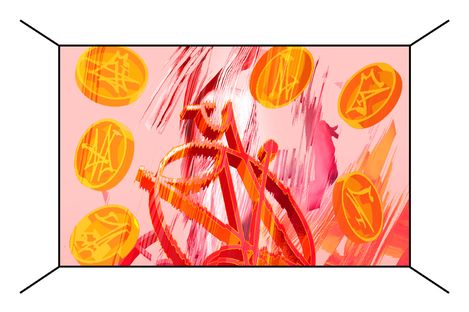 Abstract painting with red and orange brushstrokes and multiple yellow coins with line drawings.