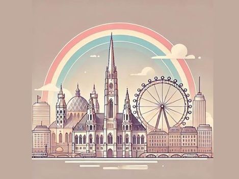 Stylized city skyline featuring historic buildings, a Ferris wheel, and a rainbow in the background.
