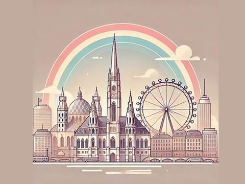 Stylized city skyline featuring historic buildings, a Ferris wheel, and a rainbow in the background.