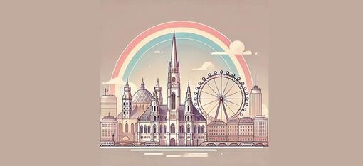 Stylized city skyline featuring historic buildings, a Ferris wheel, and a rainbow in the background.