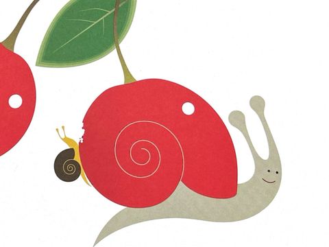 Das Bild zeigt einen Ausschnitt des Buchcovers Raymond reve - Raymond träumt. Zu sehen ist eine große Schnecke mit rotem Schneckenhaus. An einer Seite des Schneckenhauses klettert eine kleine Schnecke mit braunem Schneckenhaus empor. Es sieht so aus, als würde die kleine Schnecke das Schneckenhaus der großen Schnecke anknabbern.