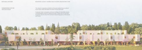 Wide-angle view of a modern school building with rectangular windows surrounded by trees and a grassy area in front.