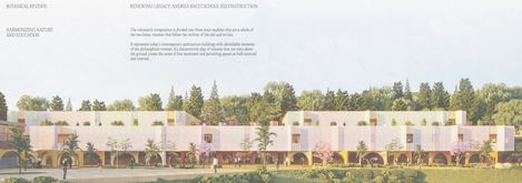 Wide-angle view of a modern school building with rectangular windows surrounded by trees and a grassy area in front.