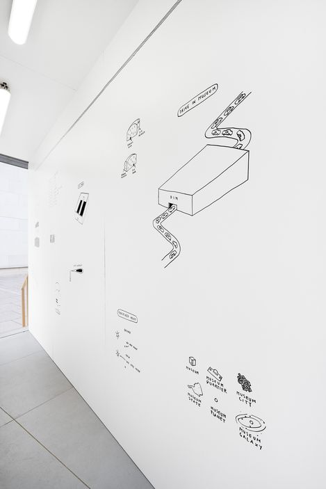 Weiße Wand mit mehreren kleinen schwarz-weißen schematischen Zeichnungen und Texten