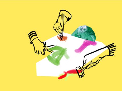 Three drawn hands painting with brushes and scissors on a white irregular surface against a yellow background.