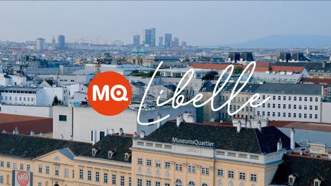 Blick vom Dach des Wiener MuseumsQuartiers mit der Skyline im Hintergrund. Der Text „MQ Libelle“ ist in fetter und kursiver Schrift eingeblendet.