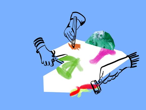 Grafische Darstellung von Händen, die eine Schere, einen Stift und eine Farbrolle halten. Der Hintergrund ist blau.