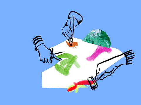 Grafische Darstellung von Händen, die eine Schere, einen Stift und eine Farbrolle halten. Der Hintergrund ist blau.