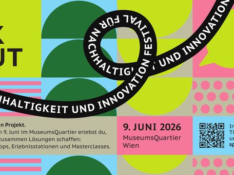 Grafische Gestaltung mit Text zu "Speak Out Festival für Nachhaltigkeit und Innovation" am 9. Juni 2026 im MuseumsQuartier Wien mit Ticketpreis 24 Euro und QR-Code.