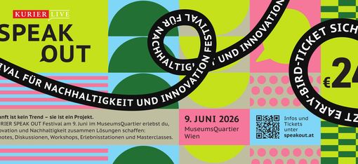 Graphic design with text about "Speak Out Festival for Sustainability and Innovation" on June 9, 2026, at MuseumsQuartier Vienna with ticket price 24 euros and QR code.