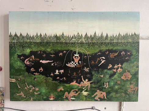 Painting of a group of naked people bathing and relaxing in a dark pond and on the surrounding green grass with trees in the background.