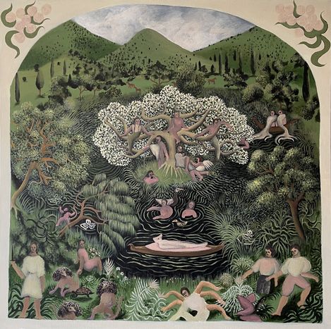 Painting of a group of naked people bathing and relaxing in a dark pond and on the surrounding green grass with trees in the background.