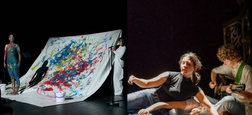 The photo shows two productions being performed on the same evening:
On the left (TO PAINT A VISION) stands a woman. She is painted in bright colours. Behind her is a large white cloth, also covered in paint.
On the right (BODYING FRIENDSHIP), two people can be seen lying on the floor. Behind them, someone is playing the guitar.