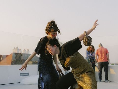 The artist duo Maria Mercedes during a performance.
