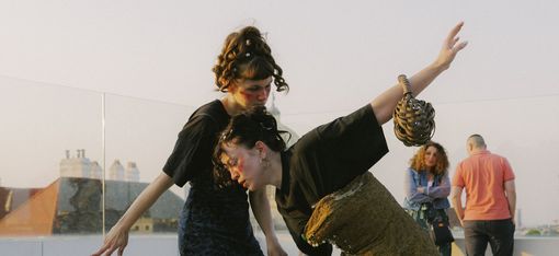 The artist duo Maria Mercedes during a performance.