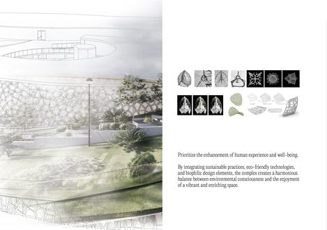 Semi-transparent architectural drawing of a modern transport terminal with plants and geometric patterns next to a page showing small schematic leaf illustrations and text.