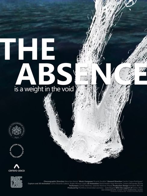 Black-and-white depiction of a human figure falling in water with the text "THE ABSENCE is a weight in the void".