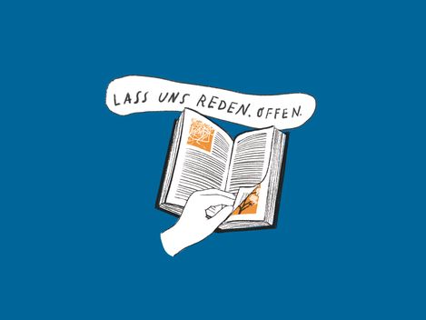 Hand holding an open book with speech bubble reading 'LASS UNS REDEN. OFFEN.'